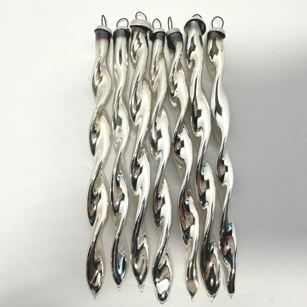 Vintage CALI COL Glass Icicle Ornaments Twisted Spiral Silver 4.5in 7pcs LOT 3